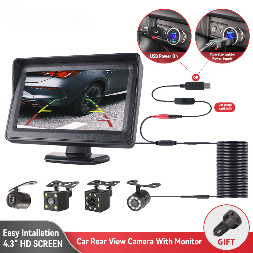Cámara de visión trasera para coche, dispositivo con Monitor de 4,3 pulgadas, LED, HD, marcha atrás, pantalla LCD, USB, fácil instalación
