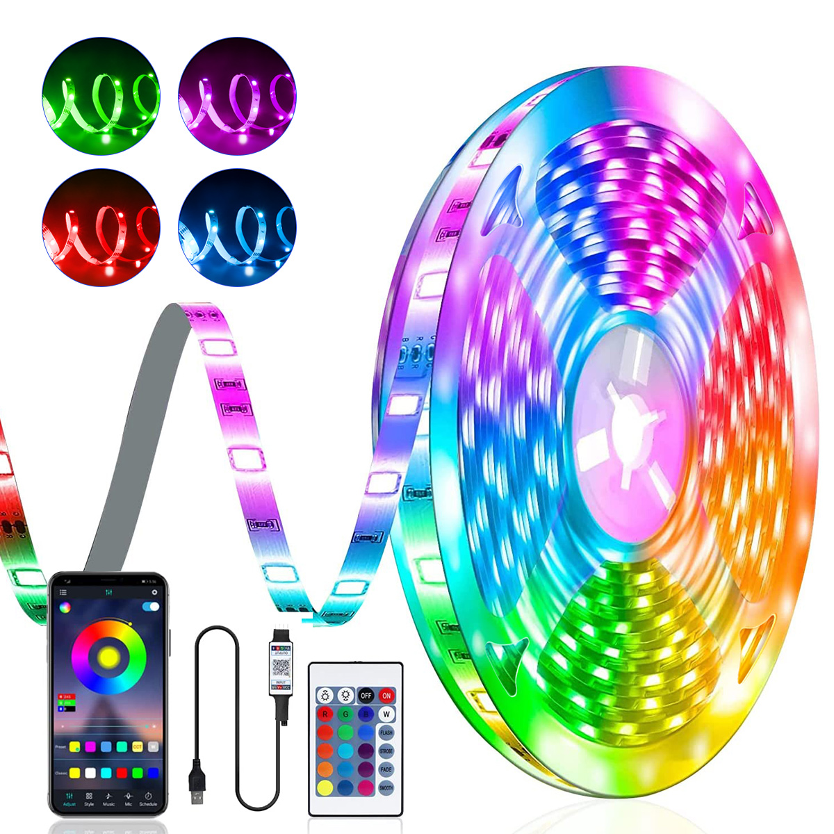 Strisce luminose a LED RGB, 5 V 1 M-30 M, 16 milioni di colori, RGB, Illuminazione a strisce LED Sincronizzazione musicale, Cambia colore per la casa delle feste