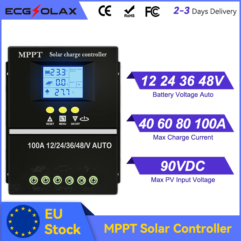 ECGSOLAX 100A 80A 60A 40A 40A MPPT Solar Laadregelaar 12V 24V 36V 48V Auto Solar PV Batterij Oplaadregelaar Met Dual USB