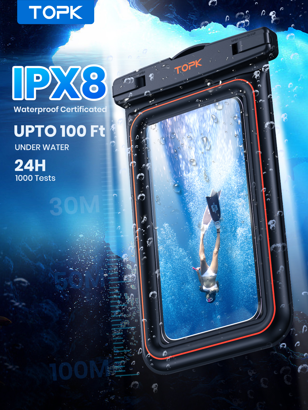 TOPK Funda impermeable para teléfono IPX8, bolsa seca flotante, funda impermeable para teléfono para vacaciones en la playa, compatible con teléfonos de menos de 7 pulgadas