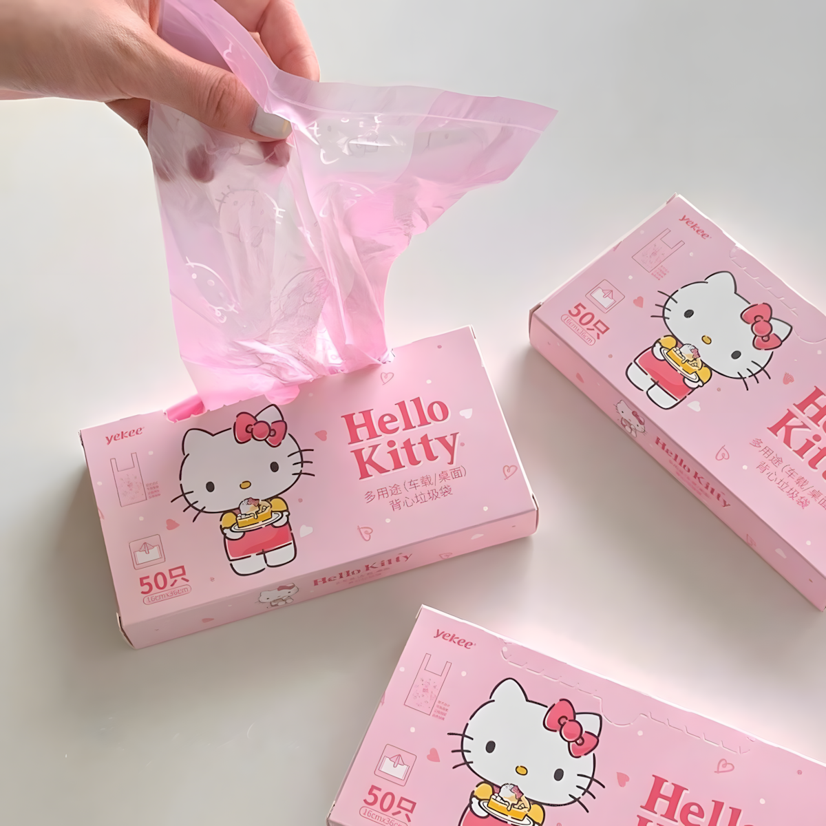 50 Sacos de Lixo Descartáveis Hello Kitty Fofos, Portáteis, Rosa, Tipo Colete, para Carro e Mesa