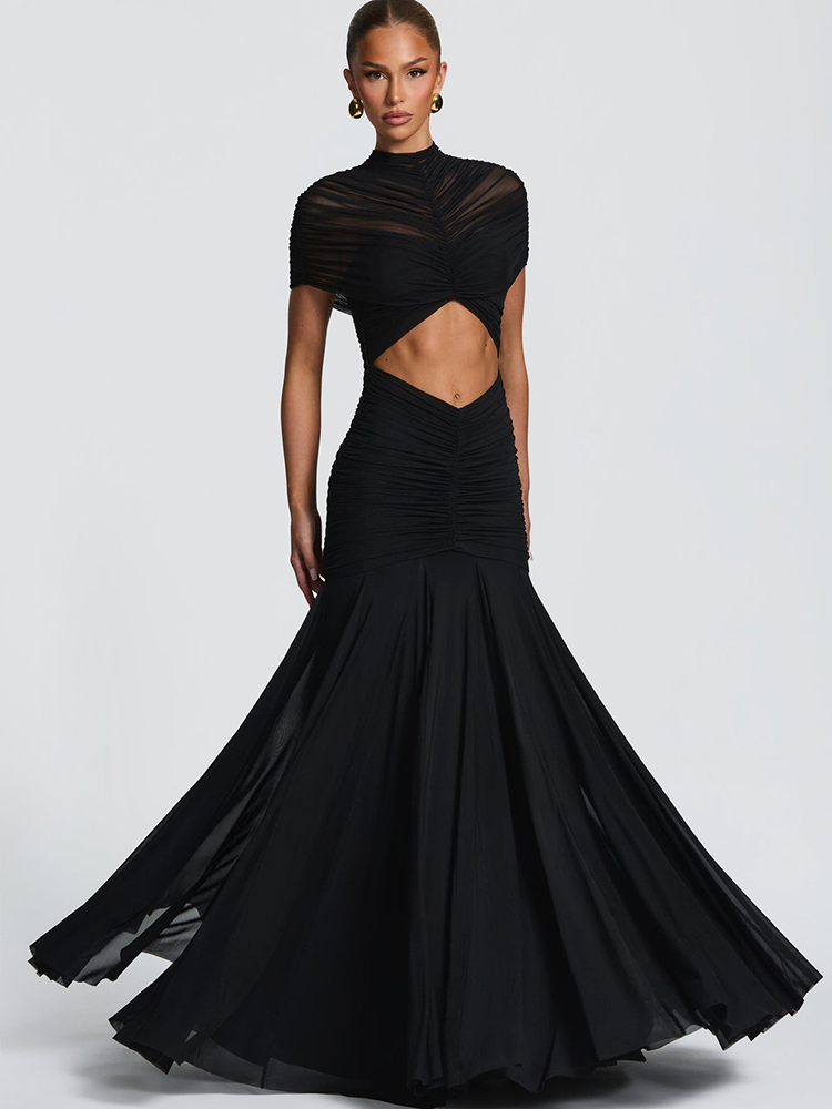 JULISSA MO Patchwork Sexy Transparentes Netz-Maxikleid für Damen mit Rollkragen und Raffungen, Elegantes Frühlings-Abendkleid für Partys