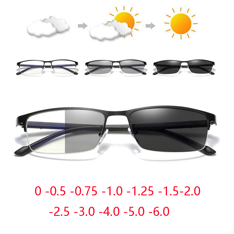 TR90 Halbrandlose, quadratische Myopie-Photochrome Brille für Herren, kurzsichtige Brille für Kurzsichtigkeit, 0–0,5–0,75 bis -6,0
