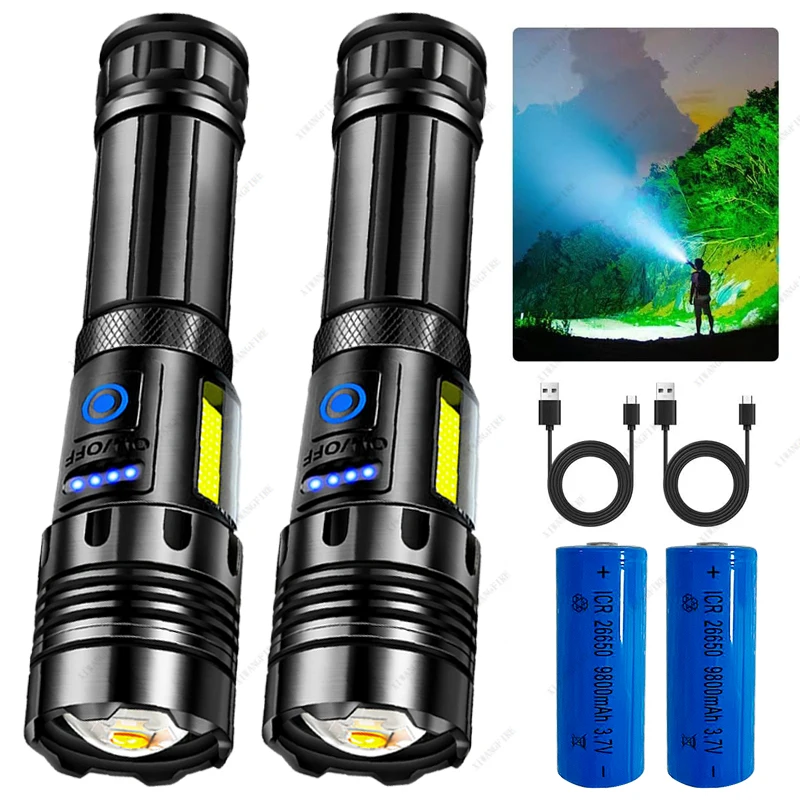 Hohe Helligkeit XHP70 Leistungsstarke Led Taschenlampe Power Bank Taschenlampe Licht USB Aufladbare Camping Taktische Taschenlampe mit COB Lampe