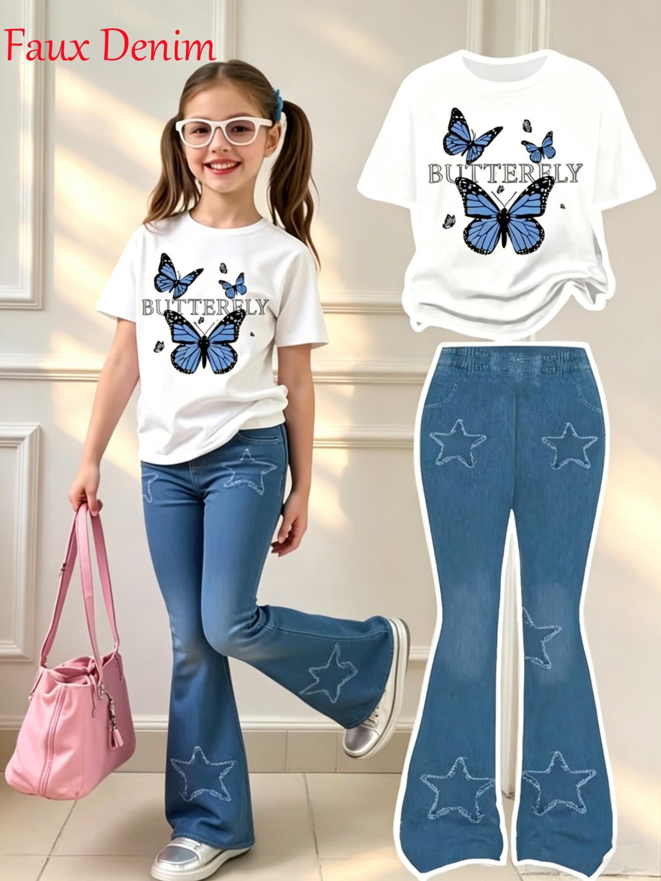 Conjunto informal de verano para niñas: camiseta blanca con estampado de mariposas + pantalones acampanados azules con estampado de estrellas de imitación de mezclilla, conjunto de dos piezas adecuado para niños de 4 a 12 años, ropa versátil para el hogar