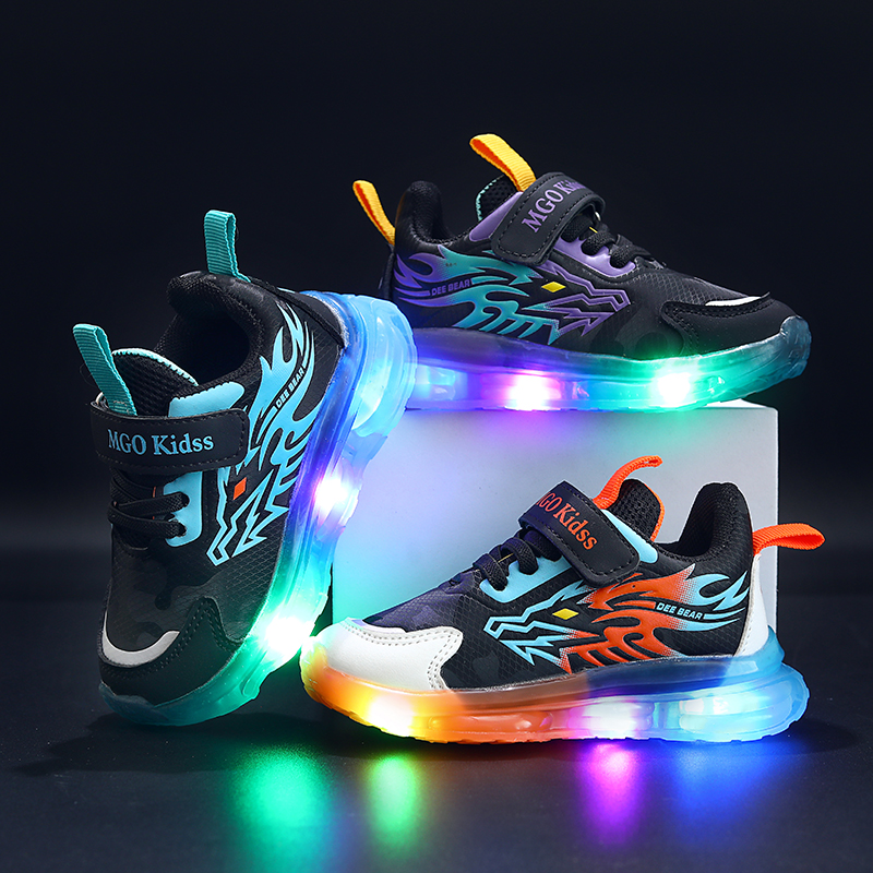Mgo Kidss Teen Led Cartoon Dragon Sneakers - Zapatillas deportivas para niños con luces intermitentes, estampados de camuflaje y estampados sólidos, cierre de velcro, edades de 1 a 9 años, perfectas para juegos informa