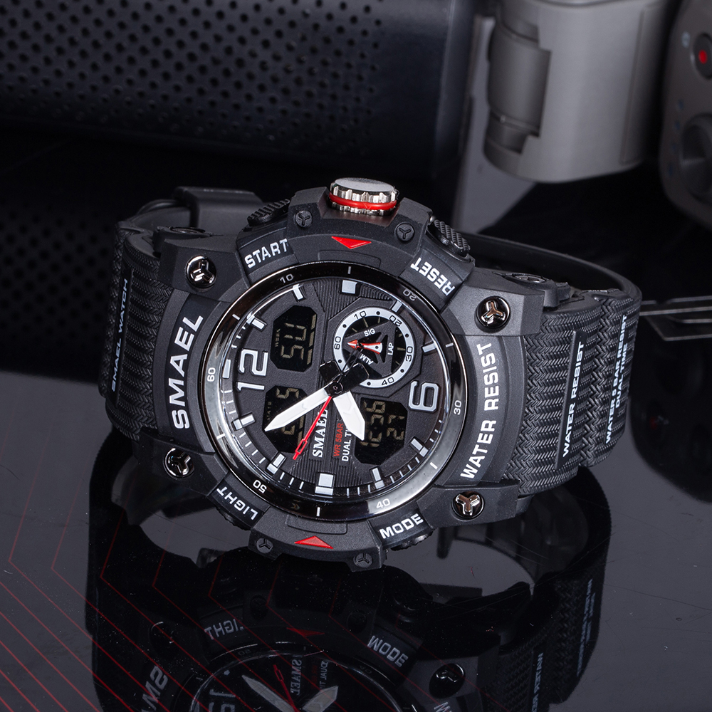 SMAEL-Relógio de pulso impermeável Dual Time Display para homens, relógio esportivo militar, cronômetro de alarme LED Digital Back Light 8007