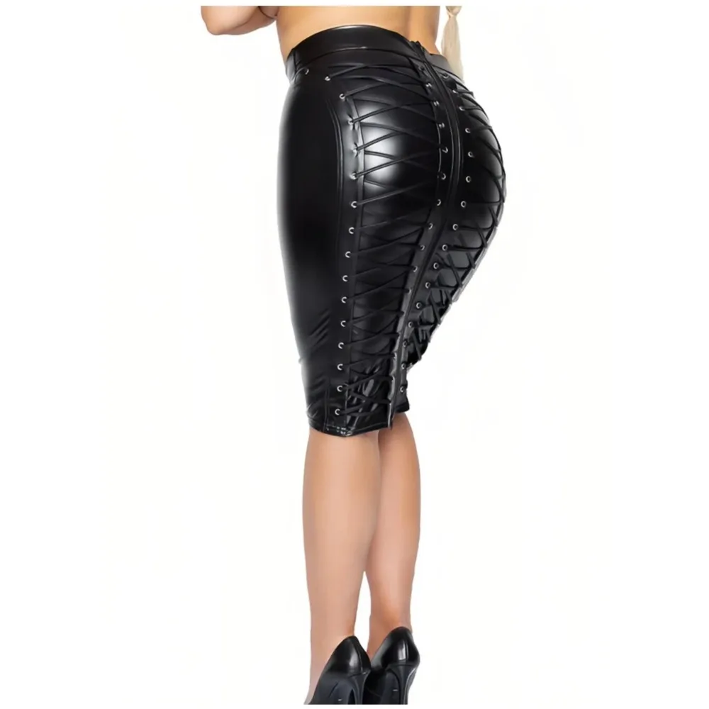 Women Gothic Faux Leather Skirt Lace Up High Waist Shart Bandaage Midi Skirt Sexy Wrap Pencil Bodycon Skirt
