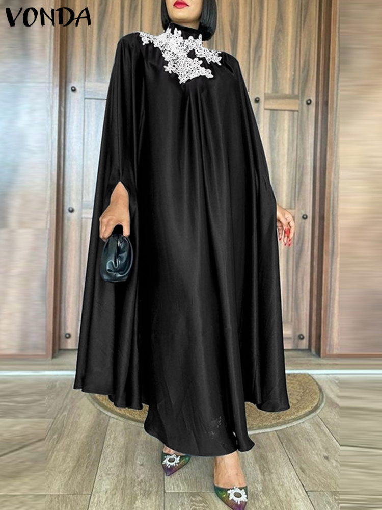 Plus size 5xl vonda vestido longo feminino 2024 casual gola alta maxi robe a linha elegante vintage cor sólida manga longa vestidos