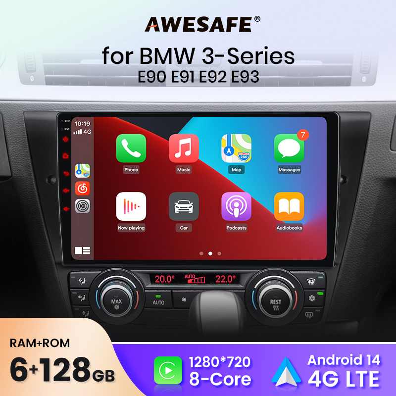 AWESAFE Draadloze CarPlay Android Auto Autoradio Stereo voor BMW 3-serie E90 E91 E92 E93 Auto Intelligente Systemen BT FM RDS Plug & Play SWC Verzending vanuit UK naar Nederland