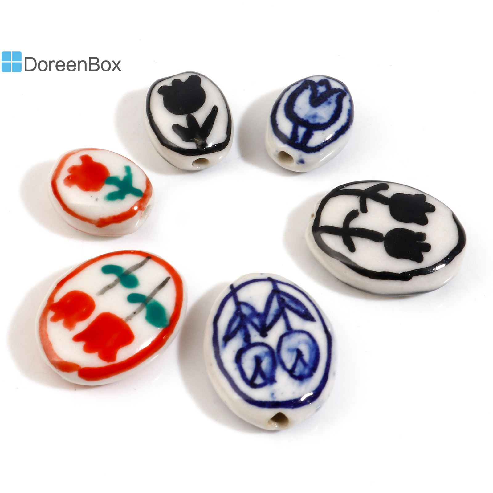 5PCs เซรามิค Tulip ดอกไม้รูปแบบลูกปัดรูปไข่ Multicolor Spacer ลูกปัด DIY ทำสร้อยข้อมือสร้อยคอผู้หญิงเครื่องประดับ