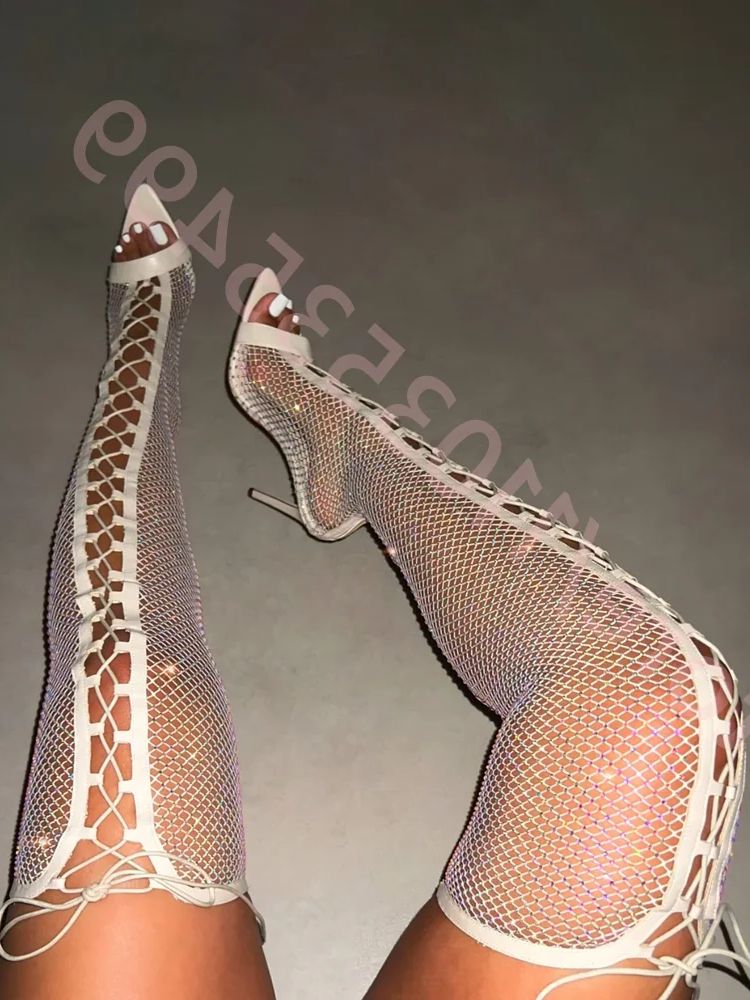 Sexy Mesh Hohl Overknee Damen Stiefel 2025, Sommer Neue Open-Toe Stiletto Stiefel Street Fashion Party Casual Laufsteg Stiefel
