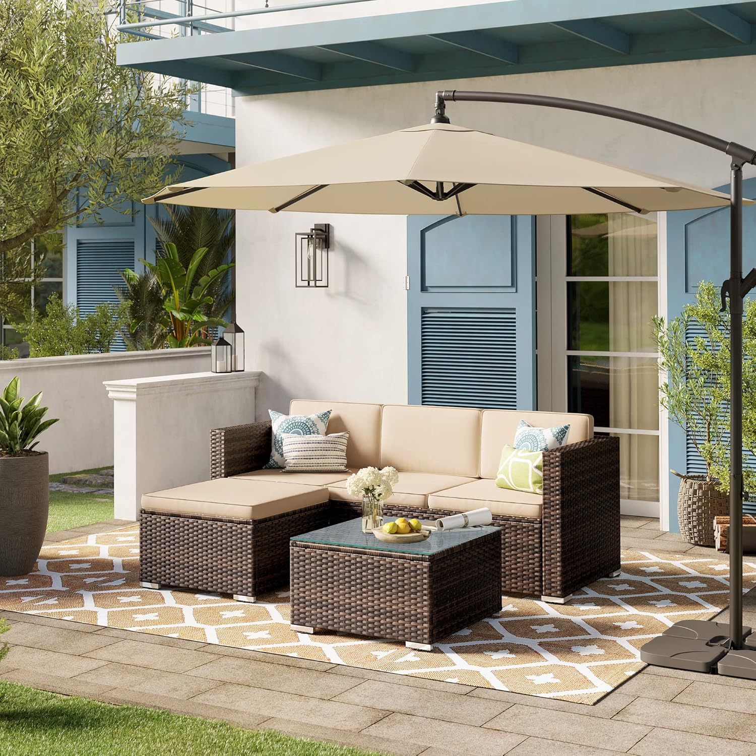SONGMICS Garden Furniture Set, Outdoor Corner Sofa Couch, Handwoven Rattan Patio Conversation Set, Cushions and Glass Table