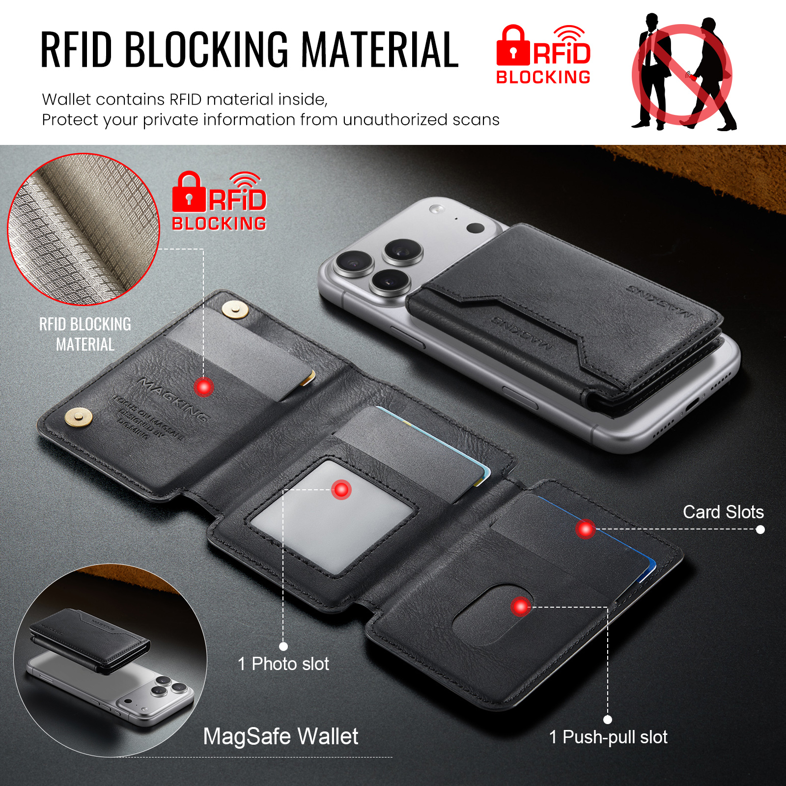 Carteira MagSafe com Bloqueio RFID e Suporte Magnético para Cartões