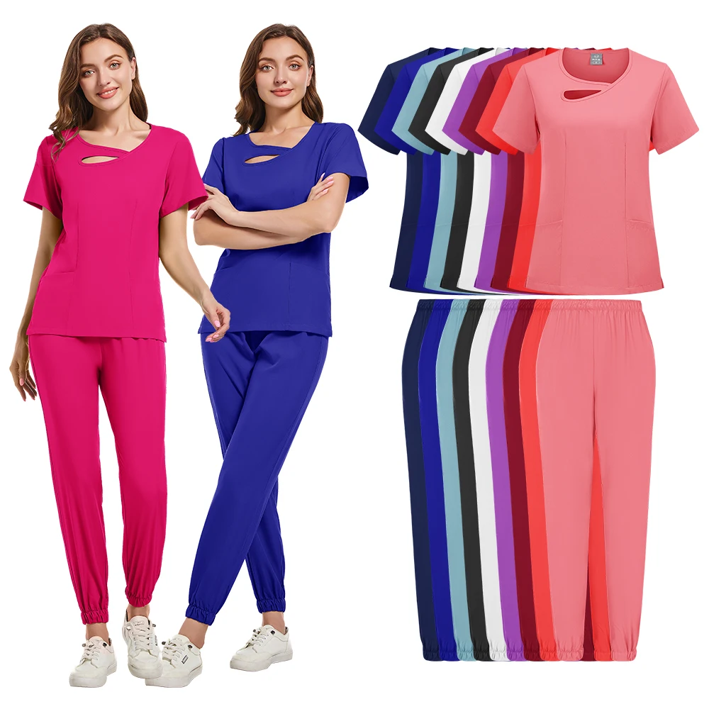 Beleza workwear feminino enfermeiras médicas uniforme cirúrgico esfrega conjunto spa calças superiores clínica cuidador roupas uniformes de enfermagem jogger terno