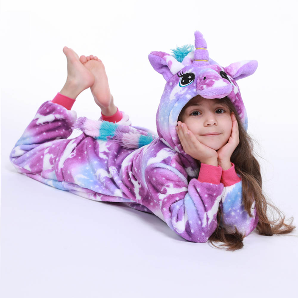 Piyama anak perempuan, baju tidur anak-anak Onesie Unicorn ungu Musim Dingin, Jumpsuit Kigurumi mewah, baju tidur hangat keseluruhan
