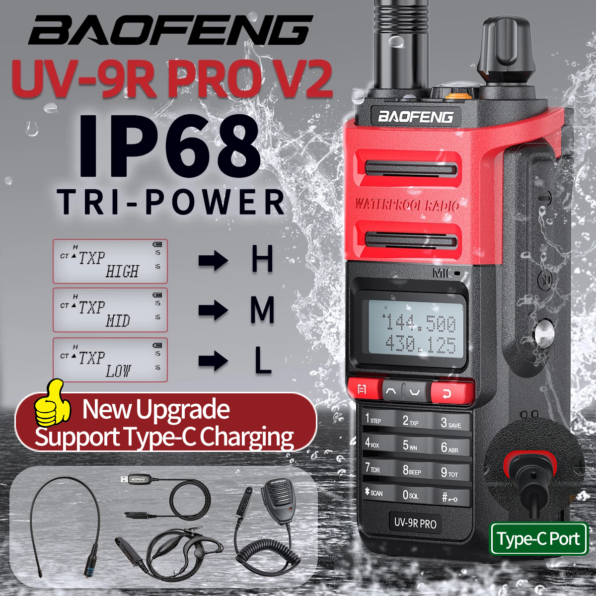 Baofeng UV-9R Pro V2 Wodoodporne radio CB dalekiego zasięgu Walkie Talkie Upgrade Tri-Power Dual Band UV-9R PRO Two Way Radio