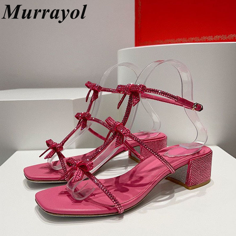 Open teen één riem vierkante hakken sandalen dames vlinderknoop strass decor sandalias zomervakantie kleding schoenen pompen