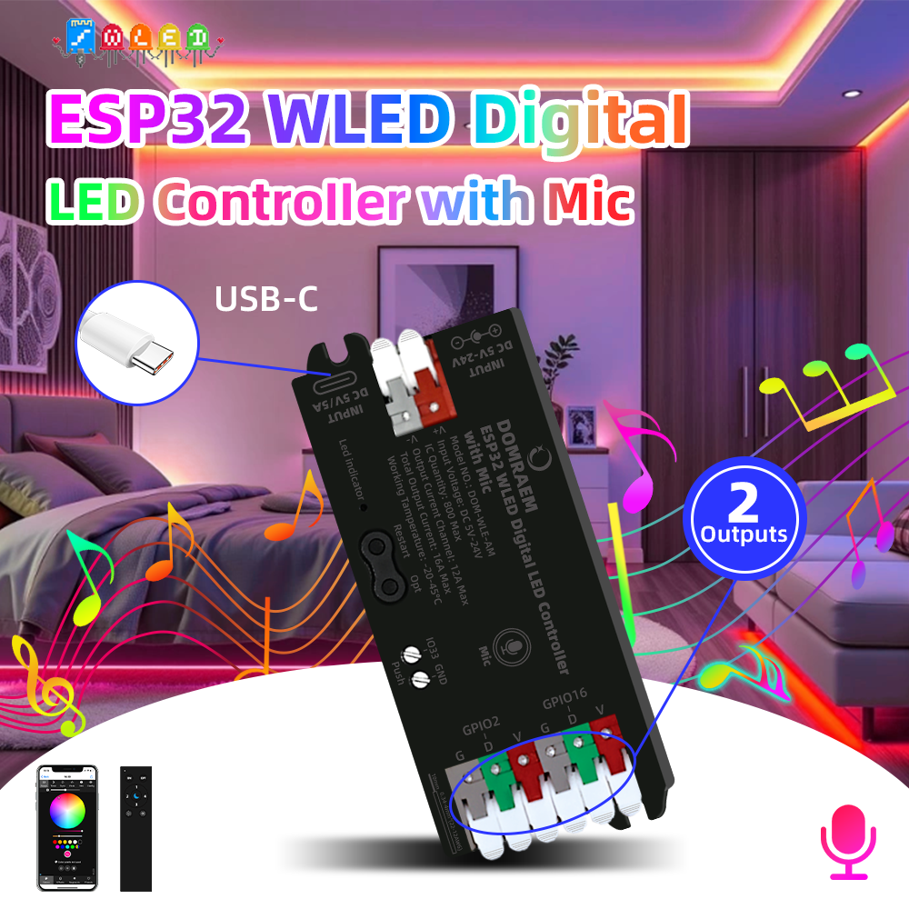 DOMRAEM ESP32 WLED WiFi Digitaler LED-Streifen-Controller mit Mikrofon USB-C Unterstützt WS2811 /2812B /2805 RGB IC Kompatibel mit HA MQTT Alexa