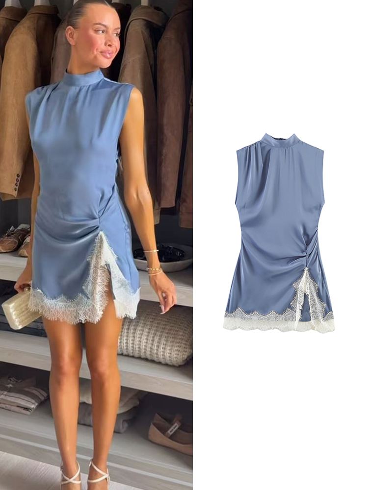 TFMLN Summer Sexy Mini Dress For Women Sleeveless Streetwear Fashion Lace Trim Split Slim Dress Party Elegant Dresses 2026