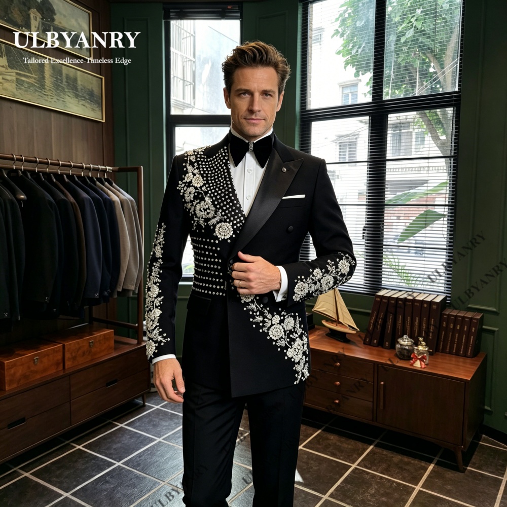 Conjunto de Terno Formal Masculino ULBYANRY com Cristais, 2 Peças, Ajuste Slim, Traje para Baile de Formatura, Apresentação em Palco, Terno de Gala, Jaqueta e Calças