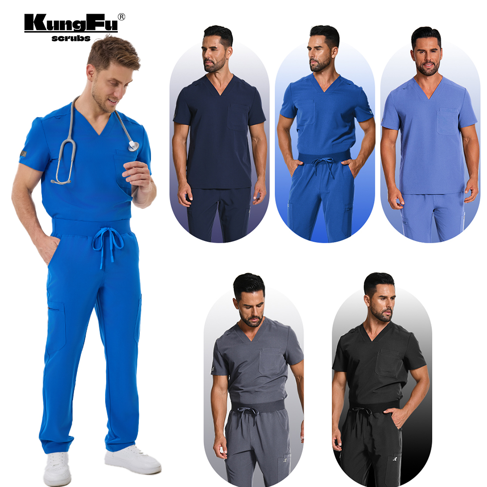 カンフースクラブ メンズ半袖スクラブセット 医療手術用ユニフォーム 看護師作業服 通気性ソフト 2ピーススーツ 2026年激安販売