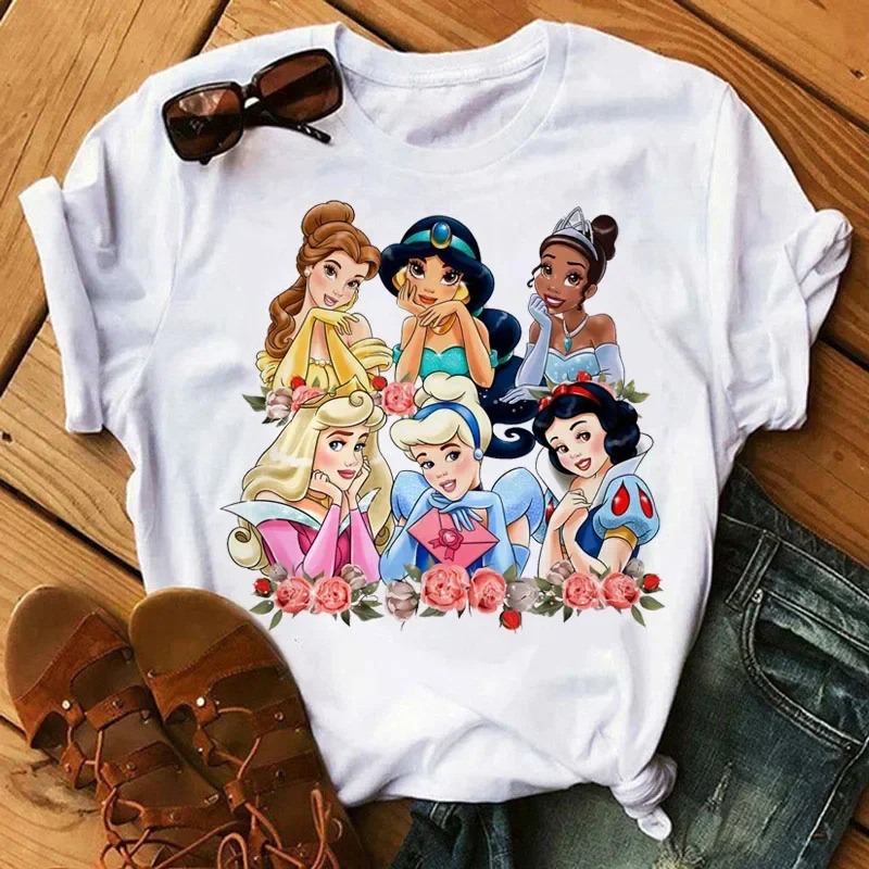Футболка с короткими рукавами и креативным принтом Disney Princess, новая летняя коллекция 2026, женская милая футболка больших размеров в стиле Харадзюку, свободный повседневный топ