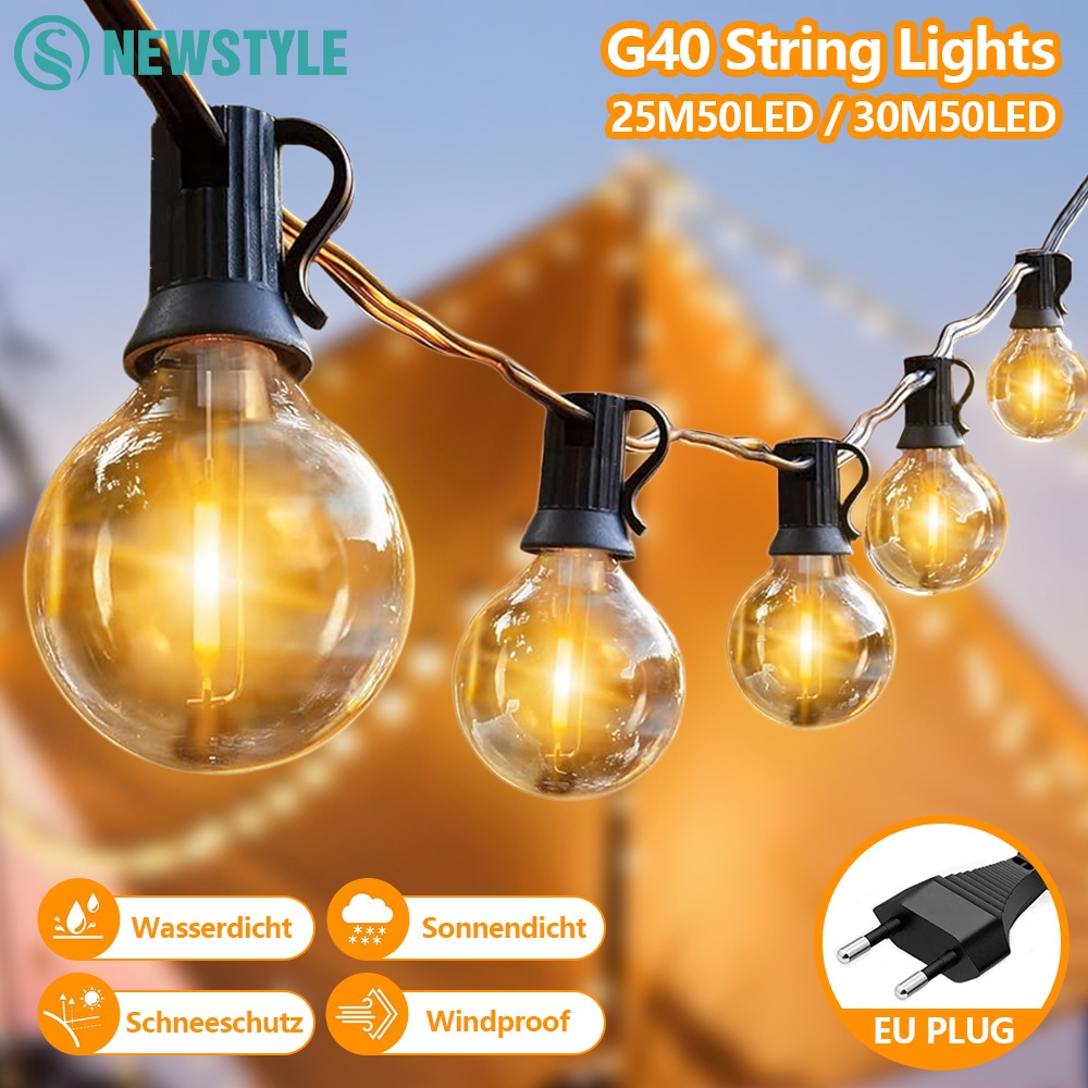 Guirlande lumineuse d'extérieur 30M G40 LED, prise ue, 50 ampoules Edison, 2 ampoules de rechange, étanche, suspendue, pour décoration de fête dans le jardin