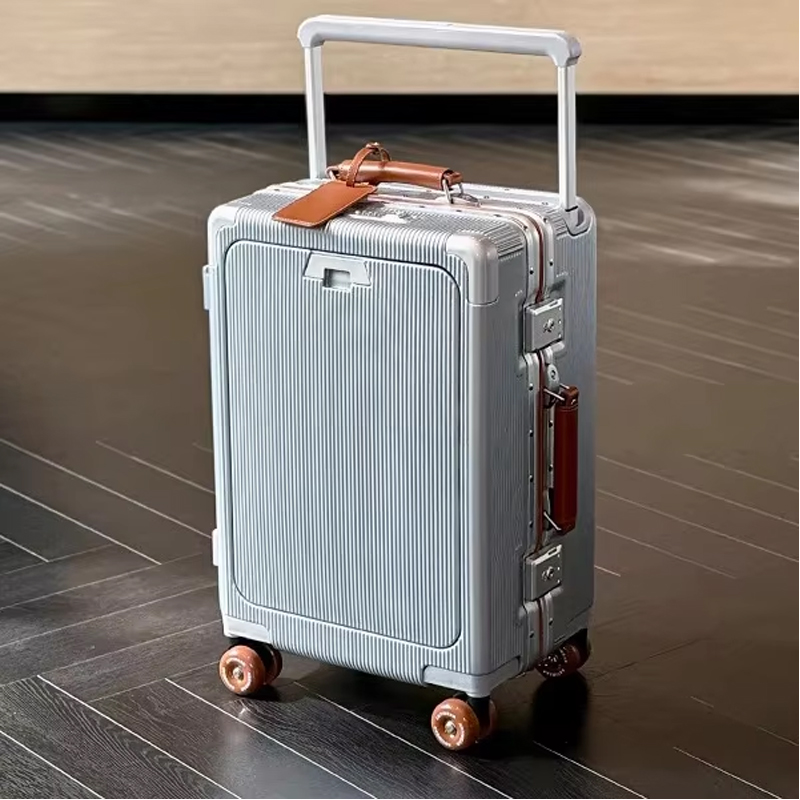 Vorne öffnender, hochwertiger Aluminium-Koffer mit breitem Griff und vorderer Öffnung, Handgepäck-Reisetasche mit Laptop-USB-Ladeanschluss