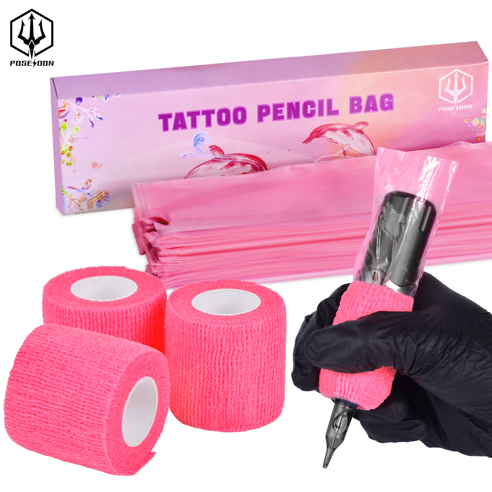 Poseidon tatuagem lápis manga saco cobre 200 pçs e 3 pçs rosa bandagem prática taattoo conjuntos microblading supplie para artistas