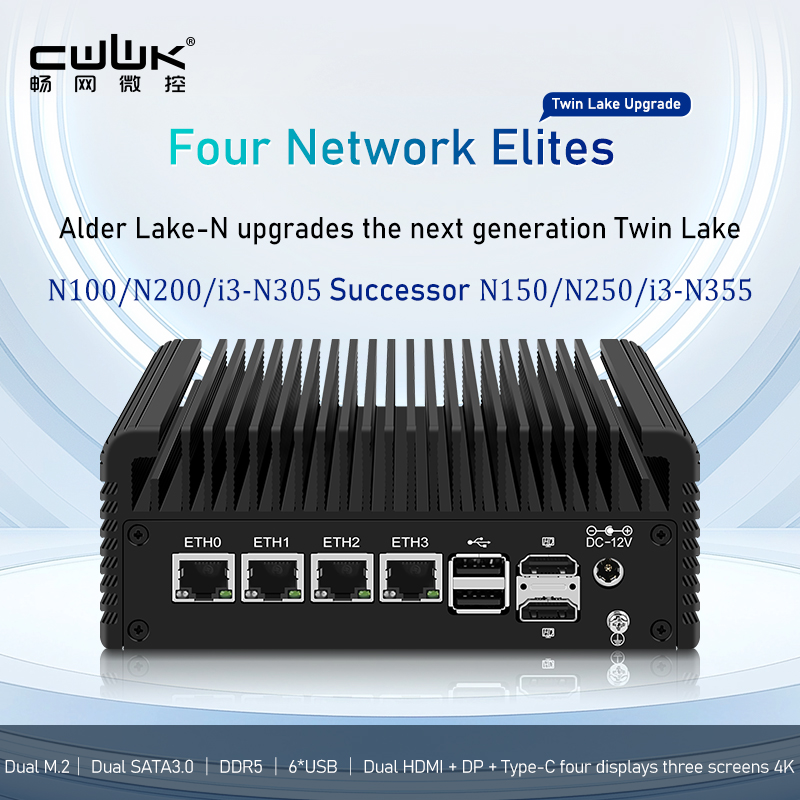 Программный маршрутизатор CWWK N150/N100/i3-N305/N355 Маршрутизатор Elite Edition 2,5G Dual M.2 Dual SATA Dual HDMI/Typc-C Quad Display Тройной экран