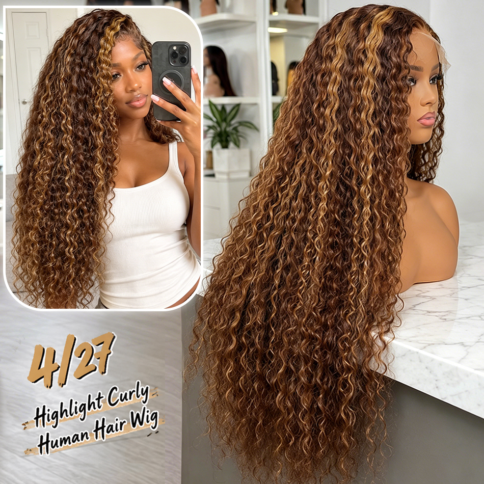 30 Zoll Lockige Highlight Ombre Lace Front Perücke Echthaar Perücken Farbige Deep Wave 13X6 HD Lace Frontal Perücke Vorgezupft 250 Dichte