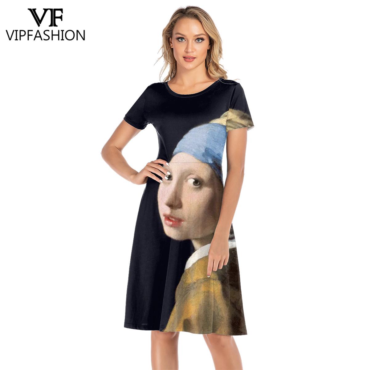 VIP MODE Frauen Kleid Schneeflocke Van Gogh Starry Sky Kleider Kunst Malerei Kurzarm Rock Casual Streetwear Kleidung
