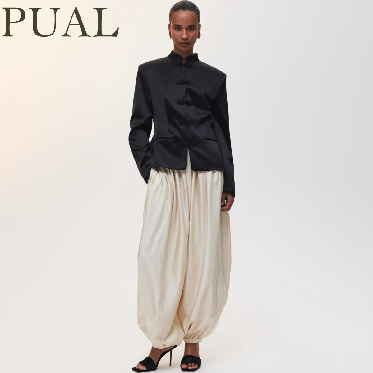 PUAL 2025 New Chinese Style Blazer | Mandarin Collar Frog Closure Jacket | Structured Shoulder Satin Blazer | Elegant Vintage