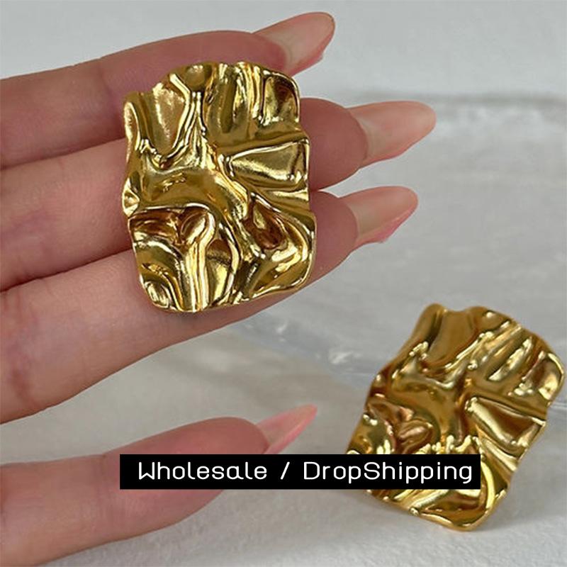 CARLIDANA Vintage 18K plaqué or titane acier boucles d'oreilles carrées étanche en acier inoxydable en forme de rides boucles d'oreilles bijoux