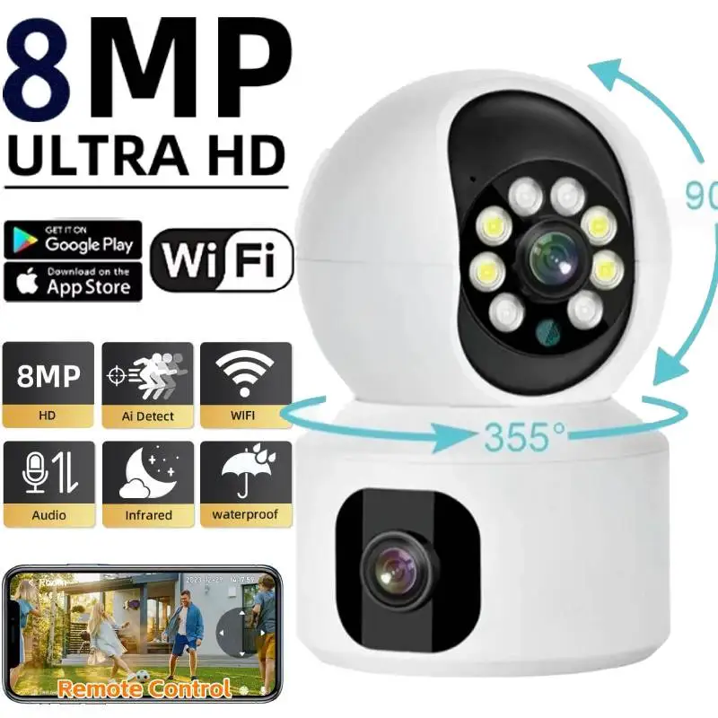 8MP 4K WiFi Kamera Dual Screen Überwachung Auto Tracking Zwei-wege Audio CCTV HD Farbe Nachtsicht Monitor innen PTZ Smart Cam