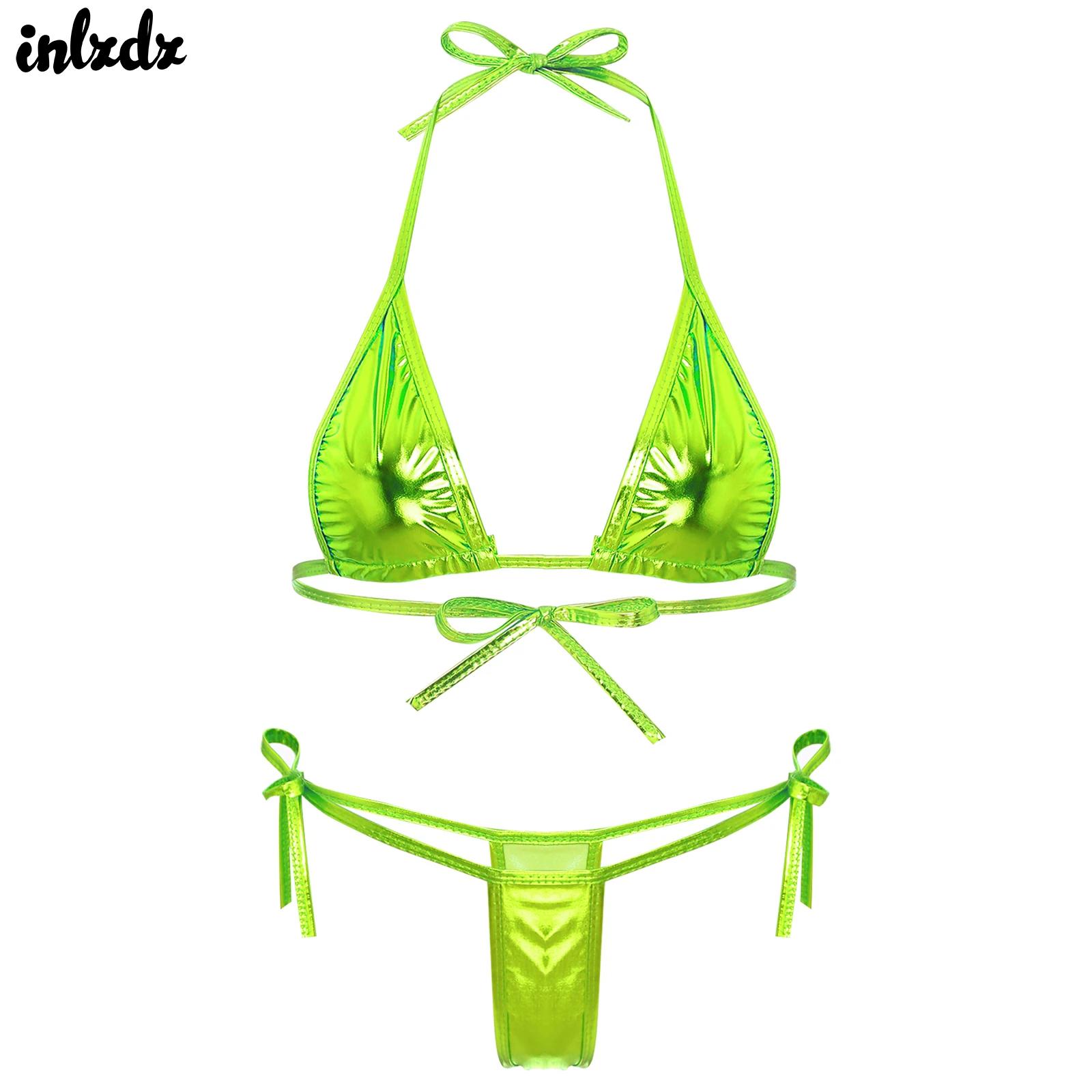 Traje de baño microbikini brasileño para mujer, conjunto de bikini con cordones, sujetador de copa triangular sin relleno, Top con Tanga, traje de baño metálico brillante