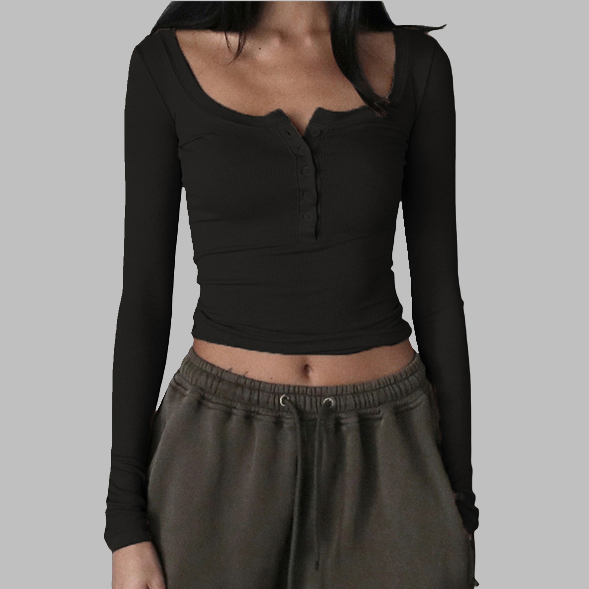 Damska dzianinowa koszula Henley Casual Solid Color Retro 1/2 Button Long Sleeve Crop Tops Streetwear Clubwear
