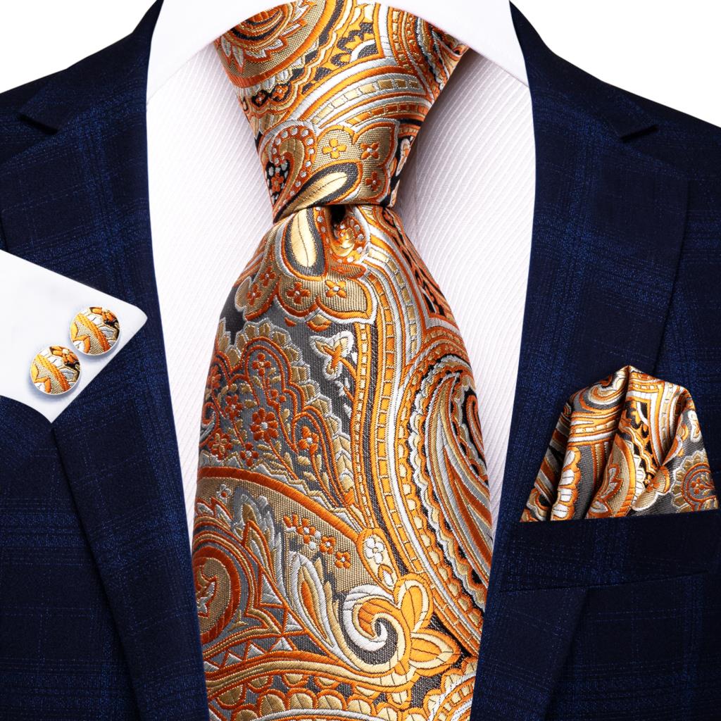 Orange Grey Paisley 2026 Merek Fashion Baru Dasi untuk Pria Set Dasi Pesta Pernikahan Handky Kancing Manset Hadiah Grosir Hi-Tie Designer