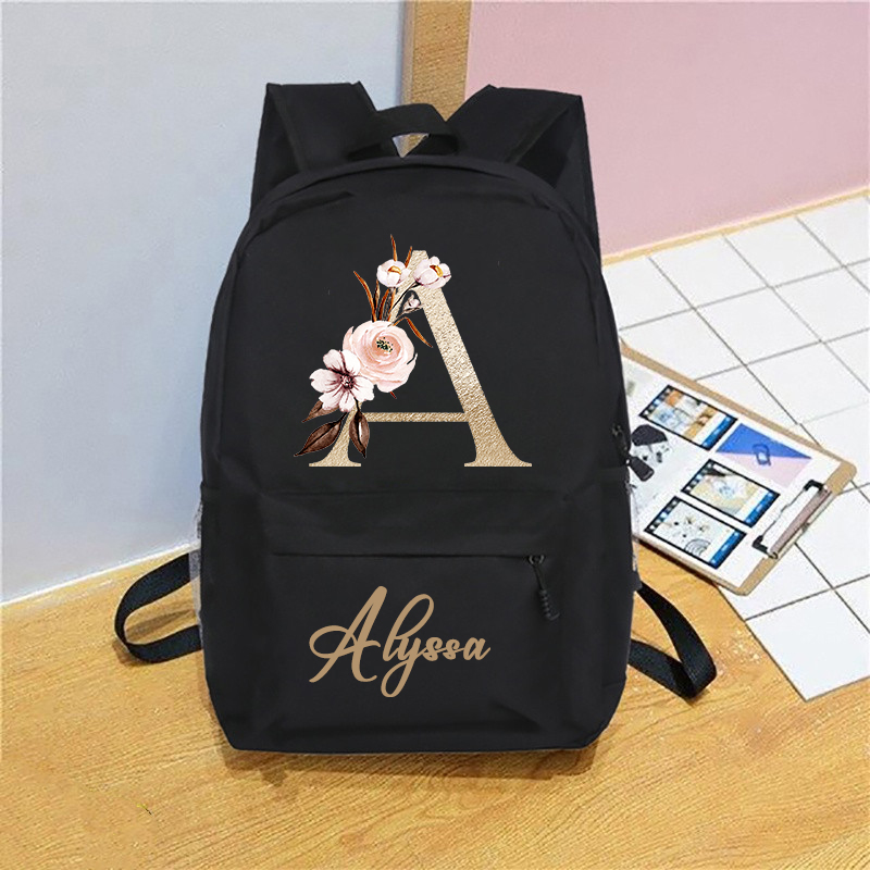 Mochila con inicial de nombre personalizado con diseño de letras de oro rosa, mochila escolar para niñas y niños