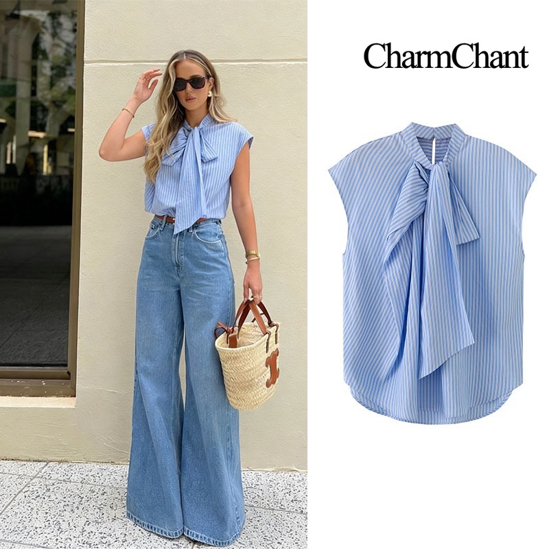 CHARMCHANT Dames Katoen Gestreept Opstaande Kraag Vlinderdas Mouwloos Loose Fit Blouse Elegant Casual Zomer Dagelijks Kantoor Tops 2026
