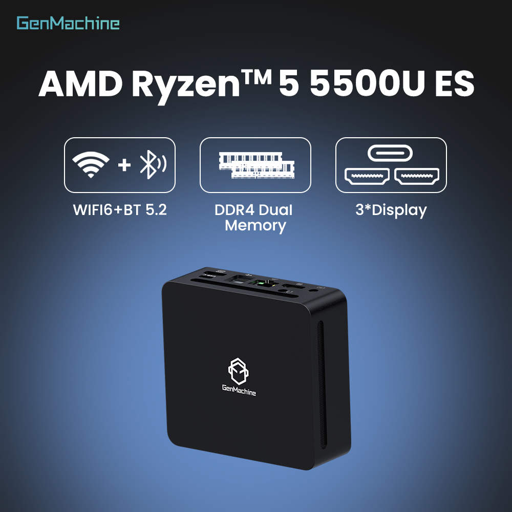 Pc Gamer GenMachine Mini PC AMD Ryzen ™   5 5500U ES 6 Core 12 Thread 2.1GHz Fino a 4,0GHz 15W CPU Windows 11 DDR4 3200Mhz WiFi6