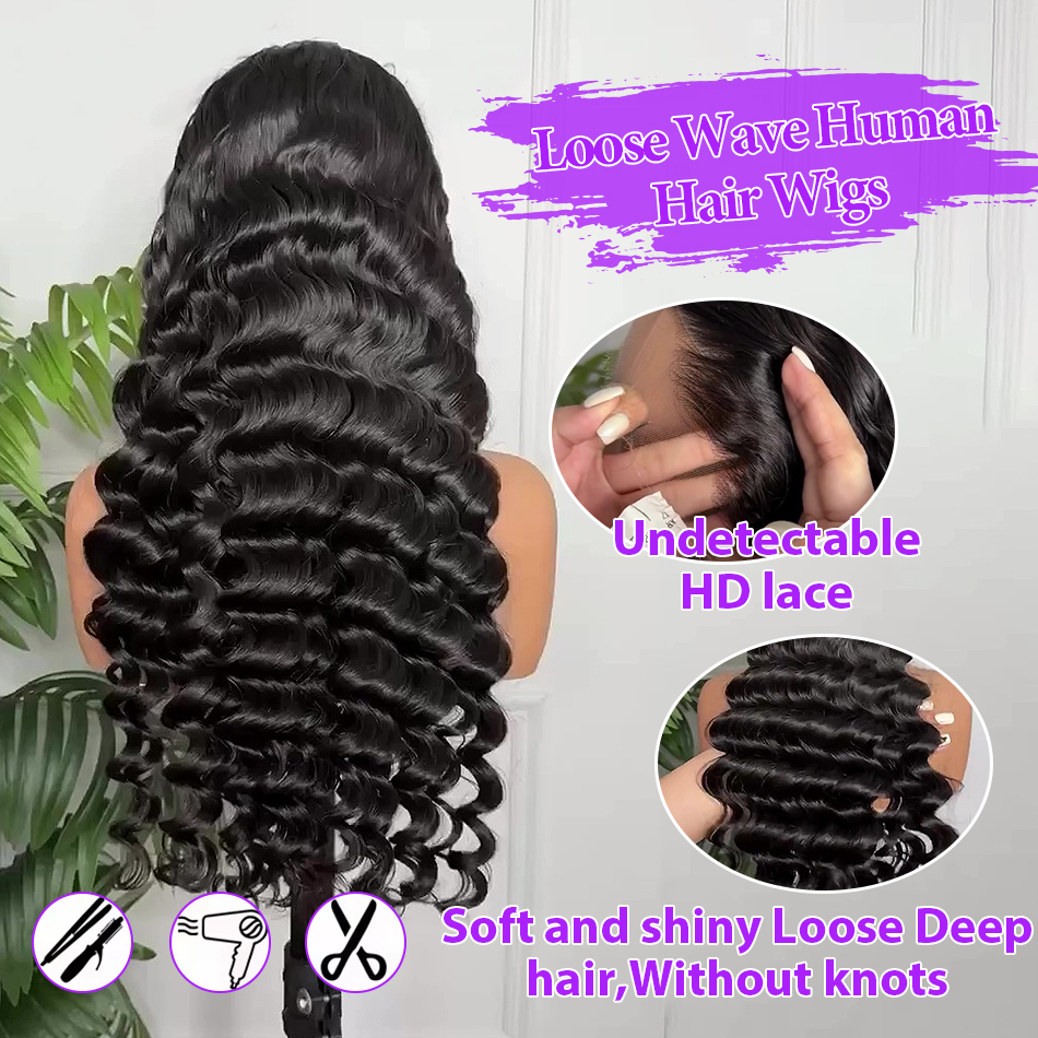 Parrucche in veri capelli umani con onde sciolte e profonde, pre-strapazzate, con frontale in pizzo HD 13x6 e frontale in pizzo 13x4 per donna