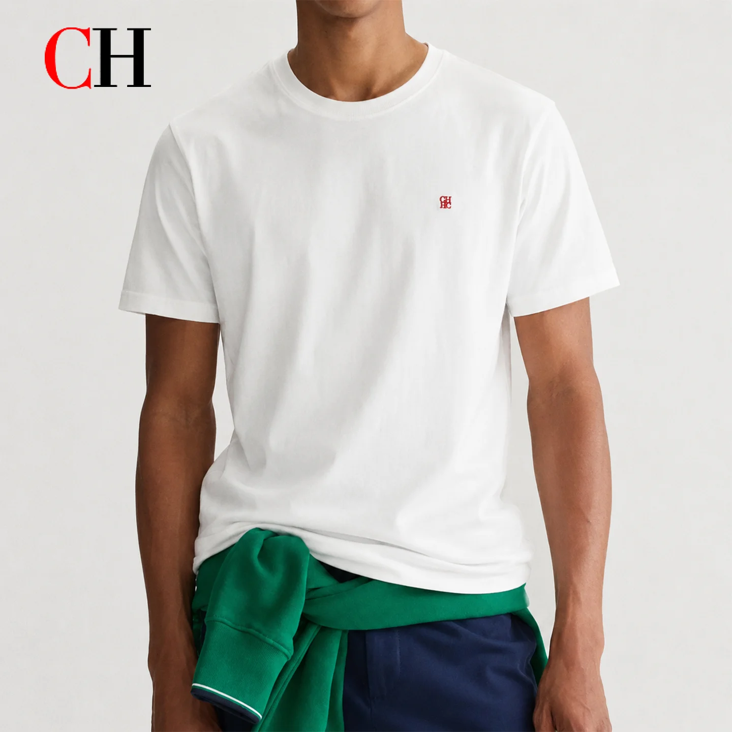 CH Herren Einfaches Rundhals-T-Shirt mit Versteckter Wappen-Stickerei Regular Fit Kurzarm Alltags-Partnerkleidung