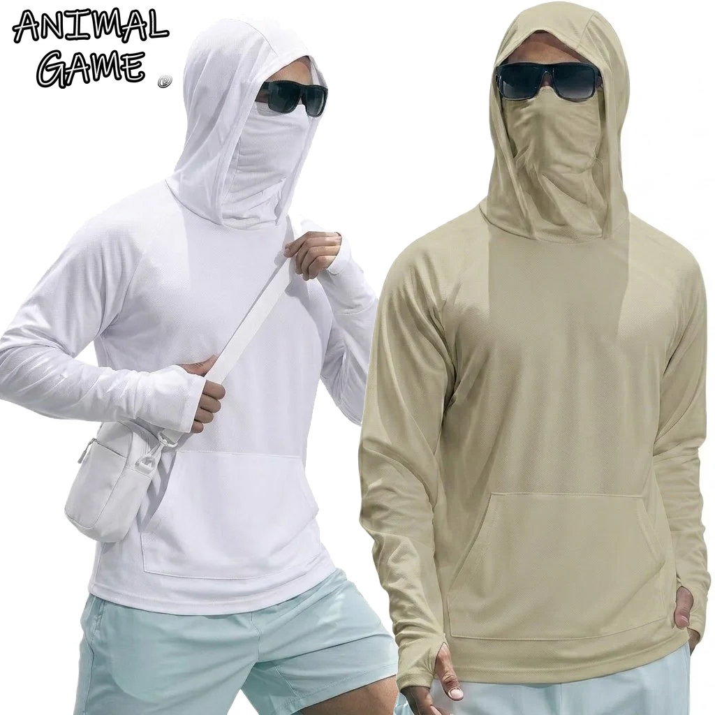 Kaos Hoodie Lengan Panjang Pria UPF50+ Performa Tinggi, Cepat Kering, Pelindung Sinar Matahari, untuk Lari, Memancing, Bahan Sutra Es, Streetwear