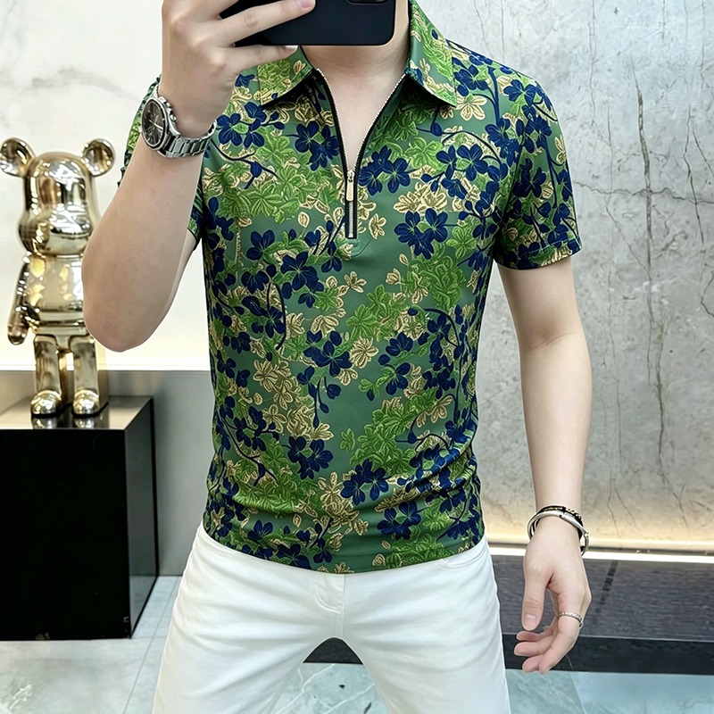 Trendy Summer Printed Half Zip Polo Shirt for Men, Short Sleeved Breathable Slim Fit Casual Collar T-shirts Social Streetwear