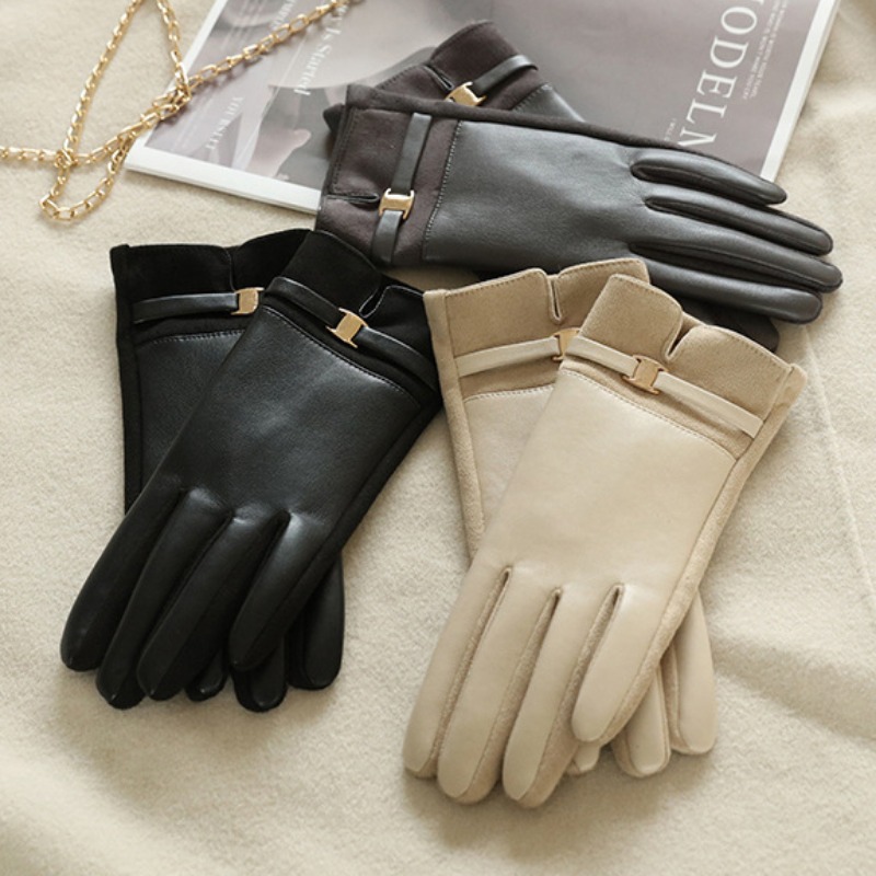 Mulheres inverno camurça couro manter quente tela de toque moda elegante luvas estilo negócios levemente à prova dwaterproof água fivela metal