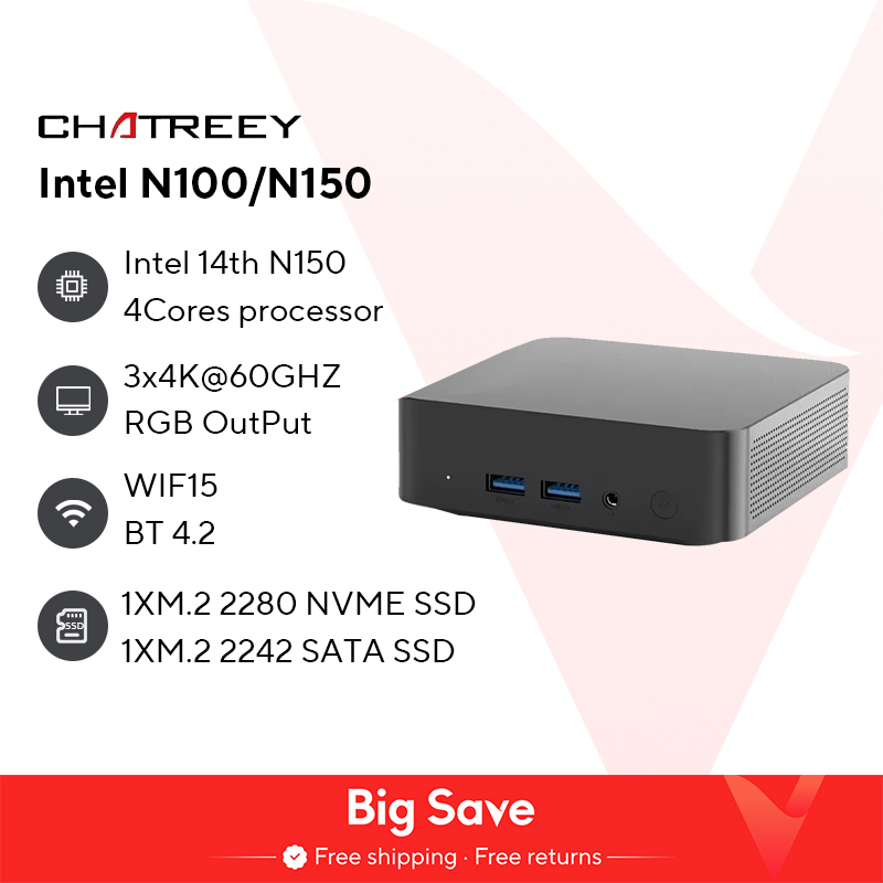 Chatreey T9 Мини-ПК Intel Alder Lake N100 Windows 11 Ультра Маленький Карманный Компьютер с двумя SSD Полнофункциональный Type-C 4K 60 Гц RGB