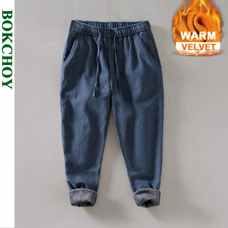 Winter New Vintage Casual Warm Velvet Ramie Cotton Pants for Men Clothing Elastic Waist Pants Retro Trousers BL8234