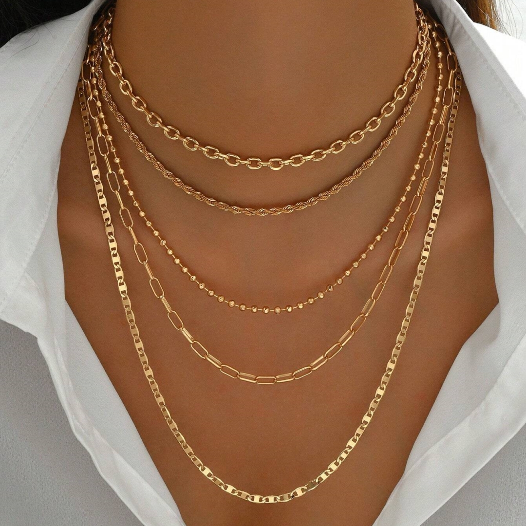 5 unids/set de collares de cadena de cuentas trenzadas simples, tono dorado, conjunto de collar con colgante en capas para mujer, uso diario y de fiesta